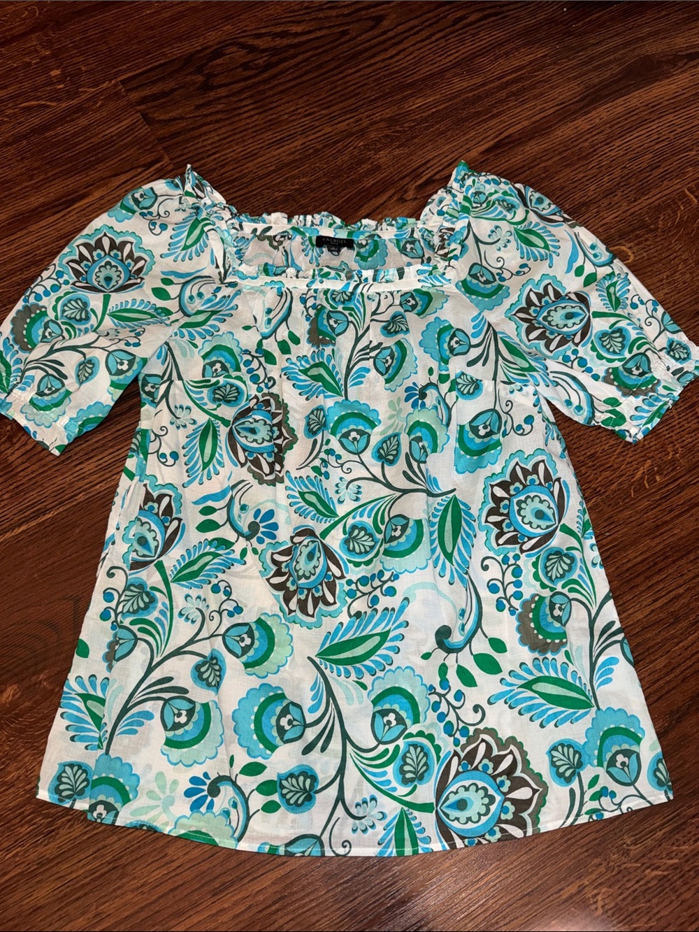 Talbots ' Floral Peasant Top - Teal, Aqua & White